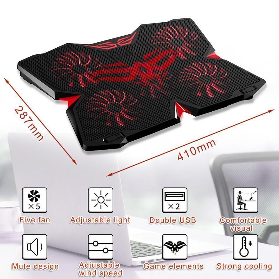 5 Fans Gaming Laptop Cooling Pad for 12"-17" Laptops with LED Lights, Red