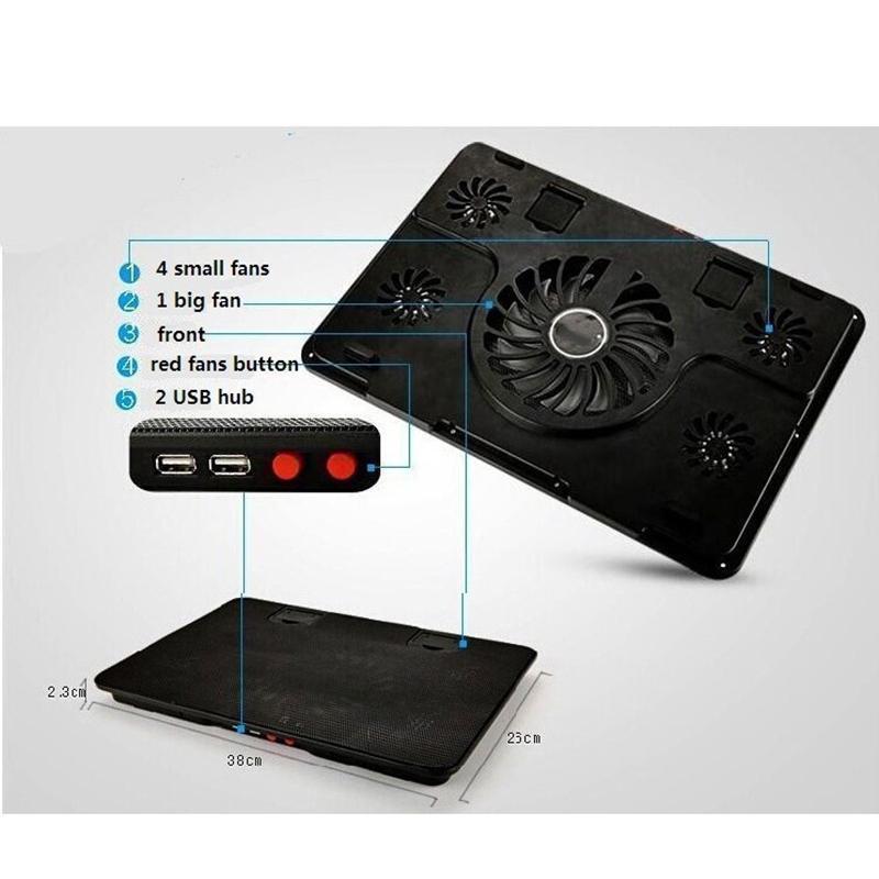 5 Fans 2USB Notebook Laptop Computer Cooler - Black