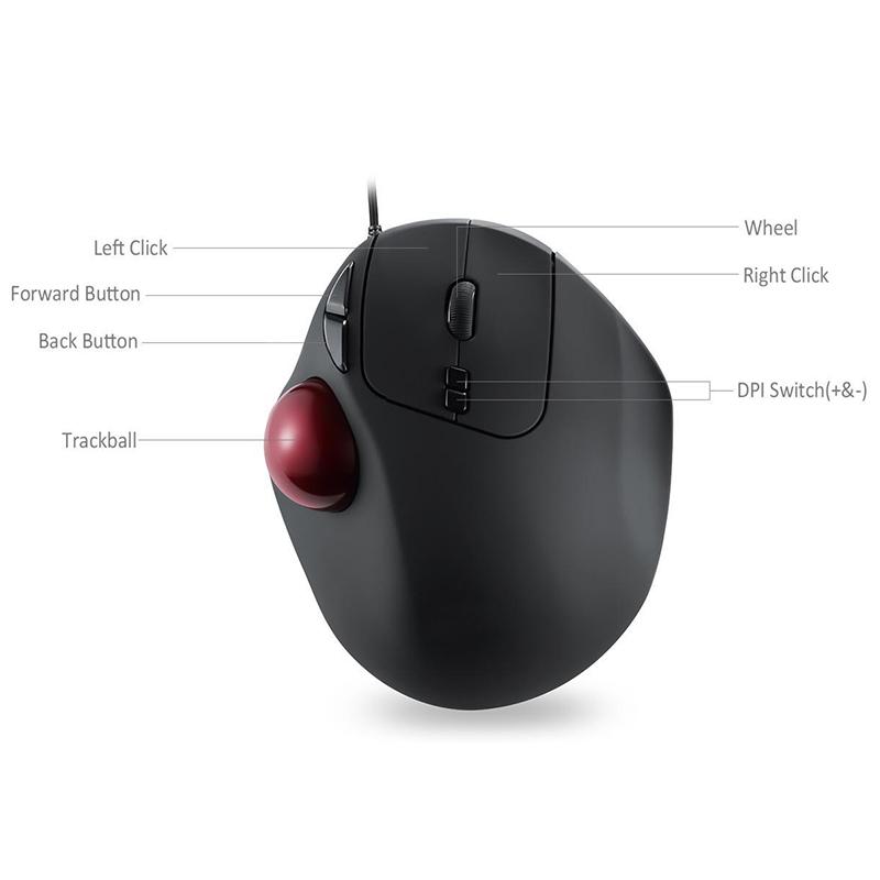 Wired Ergonomic Mouse Trackball Mouse, 7 Button Rollerball Mouse, 2 DPI Level