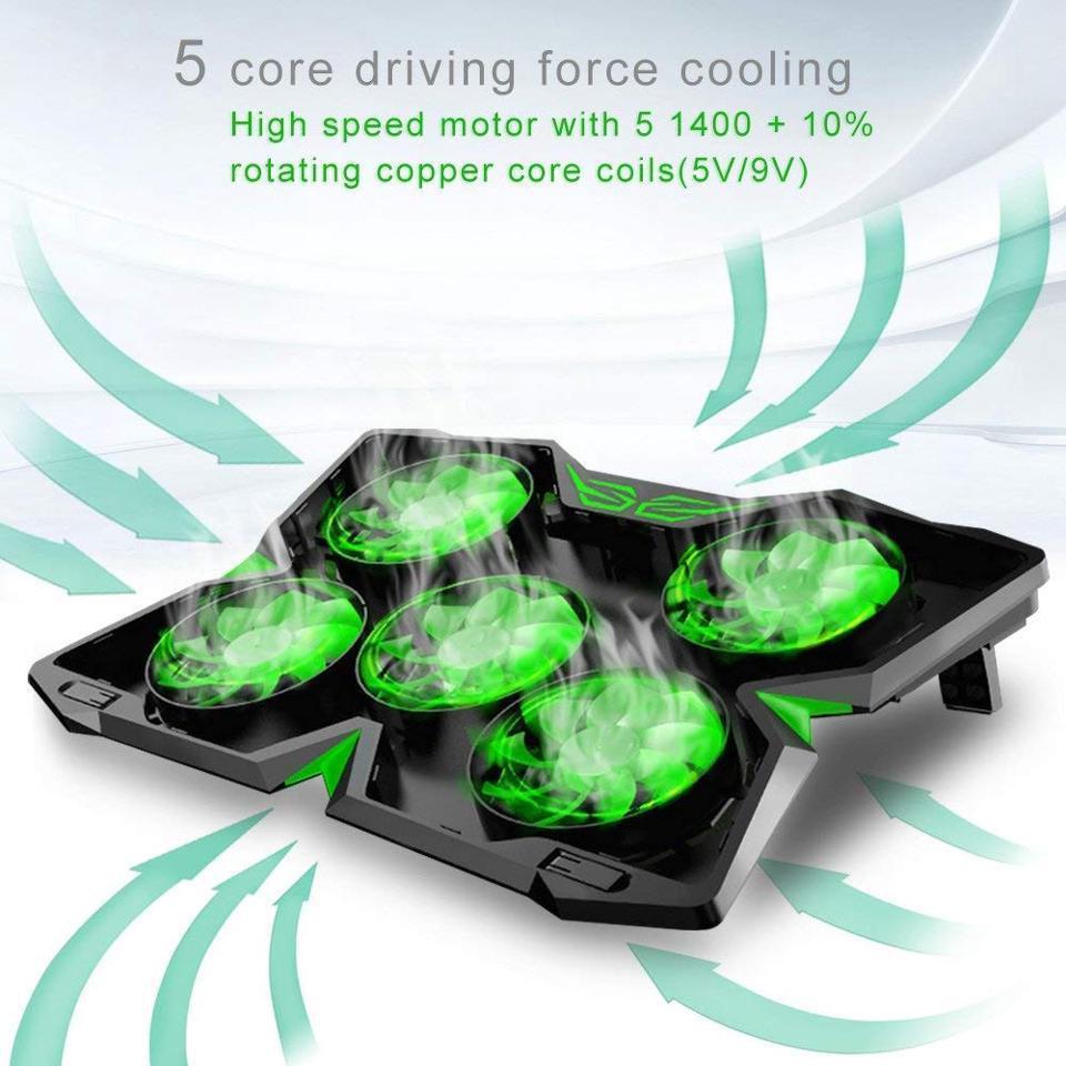 5 Fans Gaming Laptop Cooling Pad for 12"-17" Laptops with LED Lights, Green